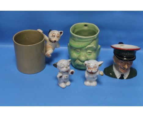 A BONZO MUG, BONZO SALT AND PEPPER SET, BAIRNSFATHER 'OLD BILL' MUG AND A CARLTONWARE HARRODS CHARACTER JUG