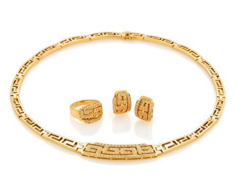 DIAMANT-SET: COLLIER, OHRSTECKCLIPS, RING. Herkunft: Griechenland, Rhodos. Datierung: Um 2000. Material: 750/- Gelbgold, Punz
