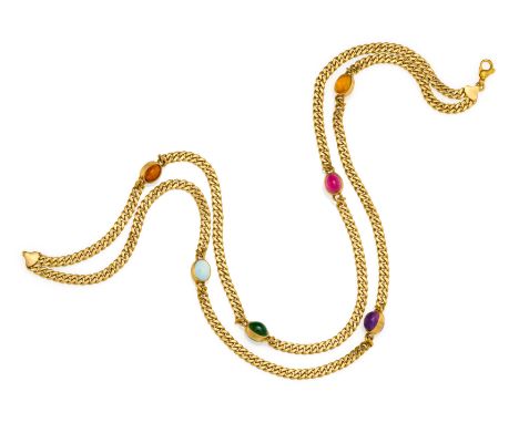 ZWEIREIHIGES FARBSTEIN-COLLIER. Herkunft: Deutschland. Datierung: Um 1980. Material: 585/- Gelbgold, Punze. Gesamtgewicht: ca