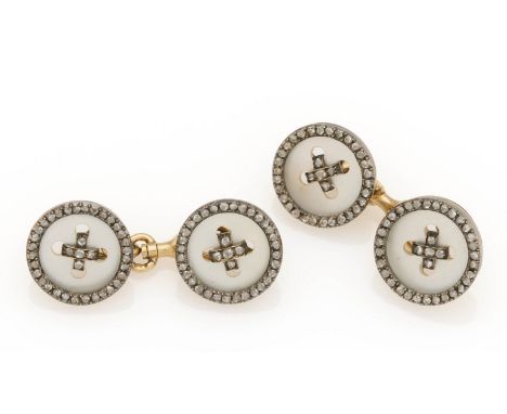 DIAMANT-PERLMUTT-MANSCHETTENKNÖPFE. Herkunft: Wohl Russland. Datierung: Um 1900. Material: 56/- Zolotnik, Punze. Gesamtgewich