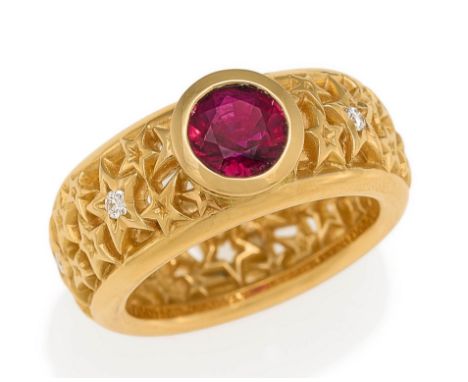 RUBIN-DIAMANT-RING. Herkunft: Schweiz, Zürich. Datierung: Um 1990. Material: 750/- Gelbgold, Punze. Gesamtgewicht: ca. 16,0 g