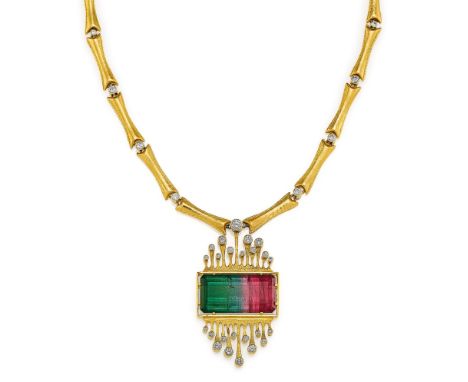 TURMALIN-DIAMANT-COLLIER. Herkunft: Deutschland. Datierung: Um 1980. Material: 750/- Gelb- und Weißgold, Punze. Gesamtgewicht