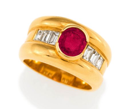 RUBIN-DIAMANT-RING. Herkunft: Schweiz, Zürich. Datierung: 1998. Material: 750/- Gelbgold, Punze. Gesamtgewicht: ca. 18.0 g. E