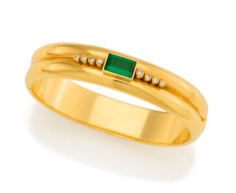 TURMALIN-DIAMANT-ARMREIF. Herkunft: Deutschland. Datierung: Um 1990. Material: 585/- Gelbgold, Punze. Gesamtgewicht: ca. 41,0