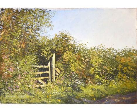 Pamela Derry, Country gate and hedgerow,signed, oil on board,23x35.5cm,unmounted.