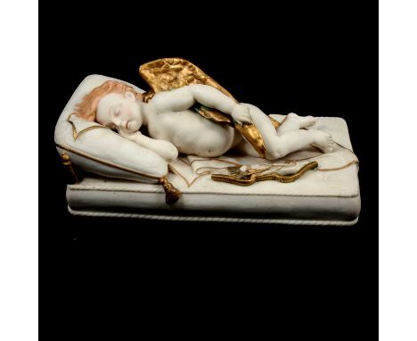 Victorian Parian figure 'Cupid Reposing' by W.H. Goss, incised "Published by W H Goss, Stoke-on-Trent, 15 May 1867 as the Act
