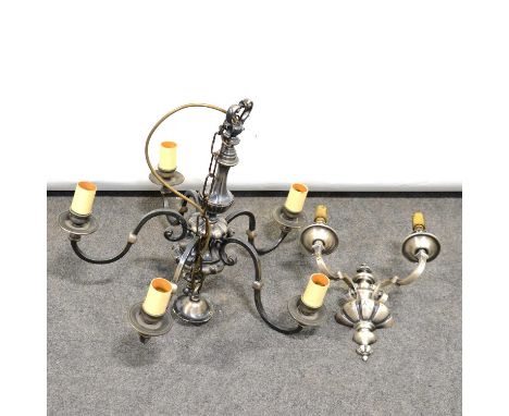 An antique finish metal chandelier, five scrolled branches; and a similar twin-light wall fitting.Qty: 2