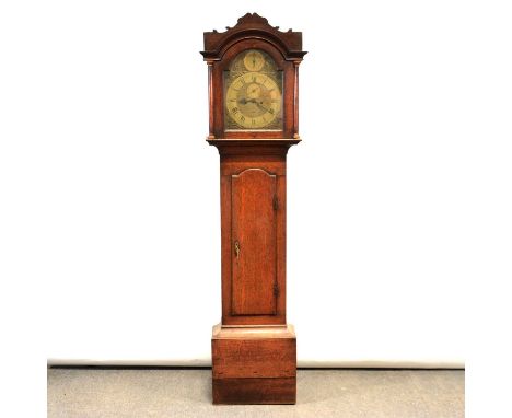 Oak longcase clock, arched hood with shaped pediment, engaged columns, trunk with long arched door, box base lacking plinth, 