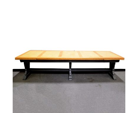Modern dining suite, including a massive oak and draw-leaf table, length 304cm plus two draw leaves, width 107cm, height 76cm