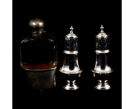 Pair of silver pepperettes, hallmarks worn, Georgian style, 4oz, and a cut glass hip flask with silver mounts, makers mark wo