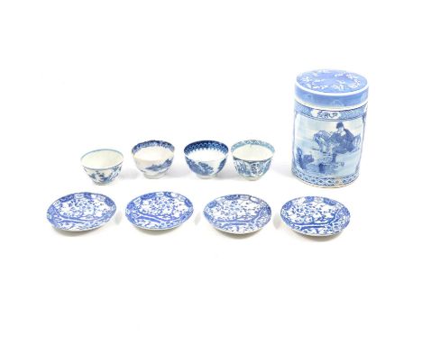 Four Chinese porcelain blue and white tea bowls, four saucers, a lidded canister of cylindrical form, 18cm high, 13cm diam, a