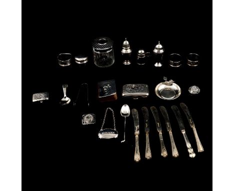 A collection silver and white metal items, to include salt and pepperette; napkin rings; vesta etc.