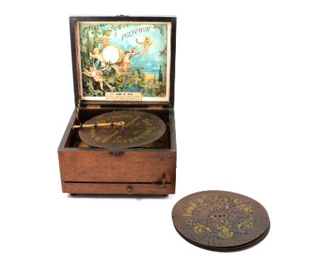 A Victorian Polyphon supplied by John W Bird five discs, movement numbered 144507, square mahogany case with simulated rosewo