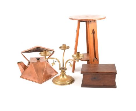 Arts and Crafts small wooden table; Arts and Crafts brass candlestick; Christopher Dresser style copper kettle; Art Deco oil 