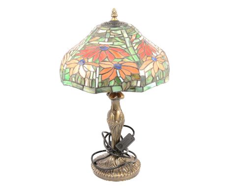 A Tiffany style table lamp, leaded glass shade with orange and red flowers, lacquered brass effect column, 50cm.Condition rep
