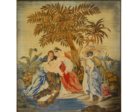 Victorian woolwork tapestry panel, ladies with a child, maple frame, overall 85x80cm. 