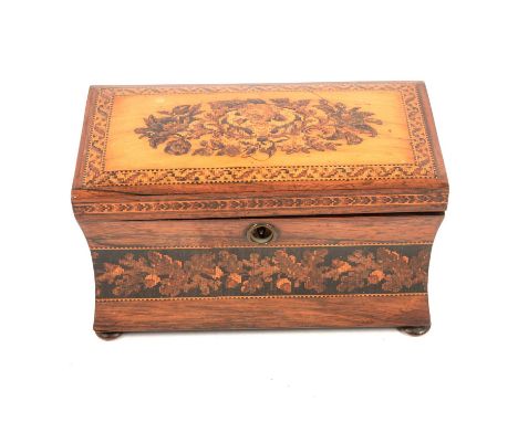 Victorian rosewood and tunbridge inlaid tea caddy, rectangular waisted form, the lid and sides decorated with flowers, bun fe