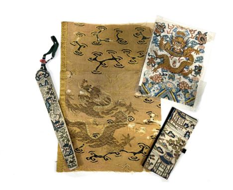 Two Chinese silk embroidered panels, one with gilt thread dragon, probably a 19th century tunic panel, 24x17cm; the second a 