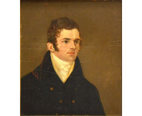 Victorian School,Portrait of a man, head and shoulders,oil on panel, unsigned,19x15cm,verso inscribed Gift of my friend Mr Be