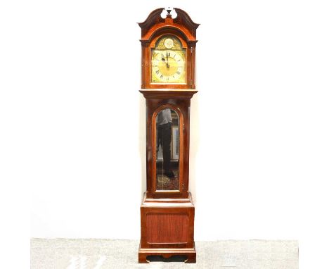 Edwardian inlaid mahogany longcase clock, arched pediment, long glazed door, bracket feet, eleven inch arched brass dial, sil