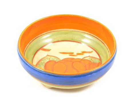 Clarice Cliff, a Lily pattern bowl, the central well painted with orange flower head, banded exterior, the bowl raised on thr