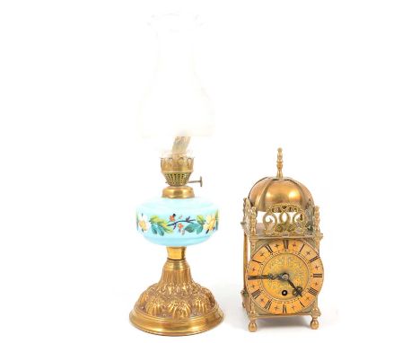 Brass cased lantern clock, by Smith's English Clocks Ltd, 25cm; and a small Victorian oil lamp, turquoise coloured reservoir 