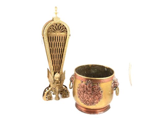 Brass fan firescreen; brass and copper coal bucket; copper kettle; jam pan; and other copper pans.