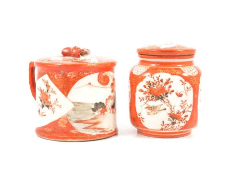 Kutani porcelain caddy and cover, , the domed cover over an inner cover, 8.5cm; and a Kutani covered tankard painted with lan