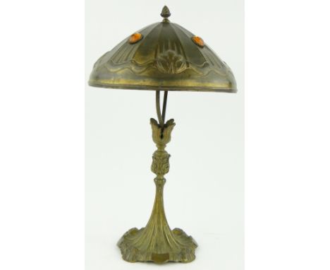 Art Nouveau brass table lamp,
with stone set brass shade, 18.5".