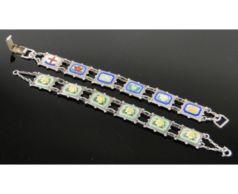 2 silver and coloured enamel bracelets.