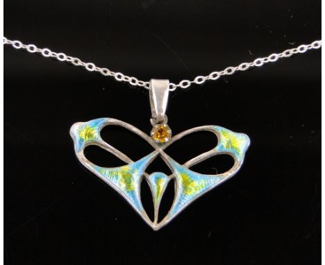 Art Nouveau silver and coloured enamel pendant by Charles Horner, on silver chain.