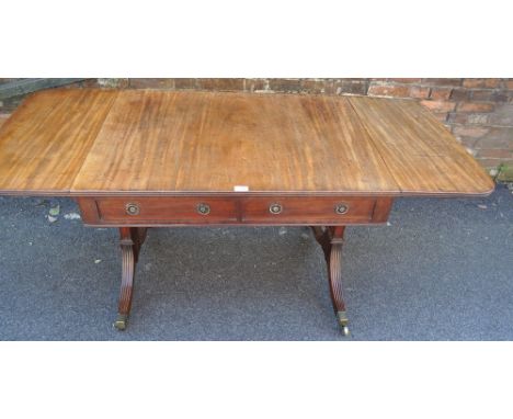 George IV mahogany sofa table,
fitted with 2 short drawers and dummy drawers, raised on reeded supports with brass castors, w