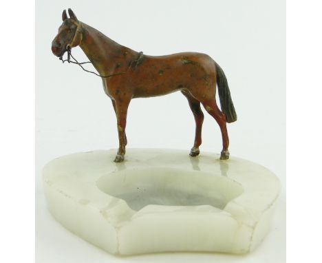 Antique cold painted bronze horse, 
length 4" mounted on marble base.