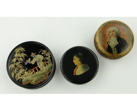 Lacquer snuff box
with Oriental figure, 2.75" diameter and 2 19th century snuff boxes with portrait decoration, (3).