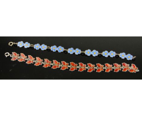 A silver and red enamel butterfly design bracelet,
and a similar floral design bracelet, (2).