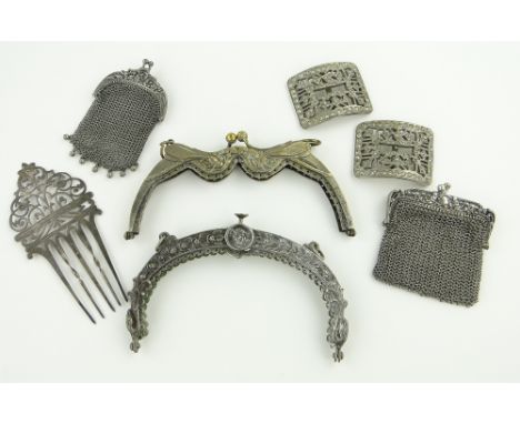 Box containing 2 silver mesh evening purses,
a pierced silver hair comb, 2 purse mounts and paste set buckles, (7).