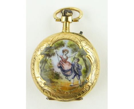 A miniature 19th century Swiss gold fob watch,
with hand painted enamel back depicting a girl on a swing, enamel dial, case w