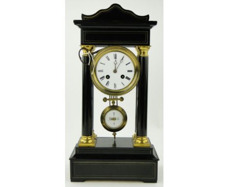 An ebonised and gilded 4 pillar mantel clock,
with white enamel dial and 2-train movement and pendulum, height 17".