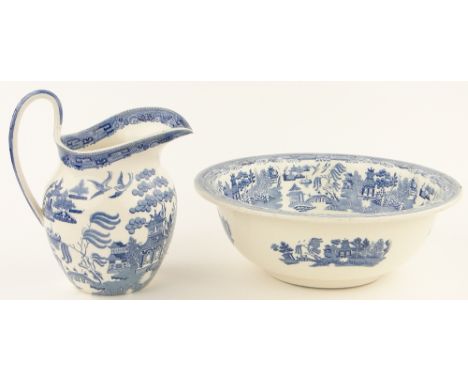A Wedgwood willow pattern jug and wash basin.