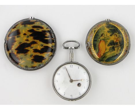 A fine and rare George III silver triple cased pocket watch,
the outer case having gilded and lacquered simulated tortoise sh