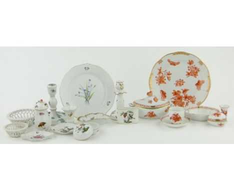 Herend porcelain box and cover,
matching cup and saucer, plate, 10" with butterfly and peony decoration, Herend candlestick w