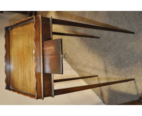 Antique mahogany lamp table,
with short pull-out slide and tapered legs, width 11.5" x 11.5", height 2'3.
