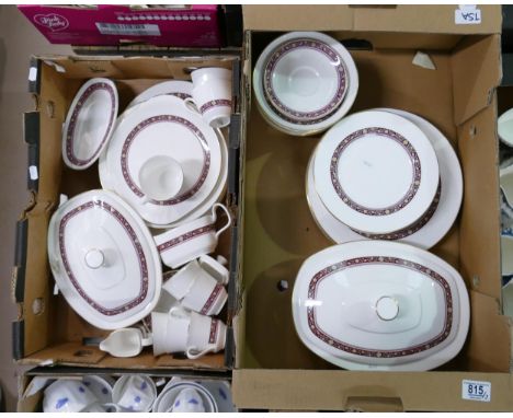 Royal Doulton Minuet tea and dinner ware: to include 2 lidded tureens, 8 dinner plates, 8 bowls, 1 platter, 1 cake plate, 9 c