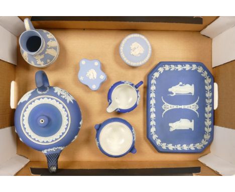 A collection of Wedgwood items to include: Dip Blue Teapot, milk jug &amp; sugar bowl together with later similar items 