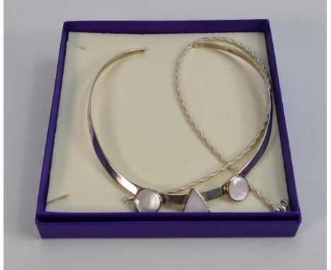 Silver choker necklace set with mother of pearl stones: and another silver choker, 56g. (2) 