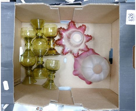 A mixed collection of items to include Cranberry Glass Lamp Shades, Amber Glass Port Glasses etc 