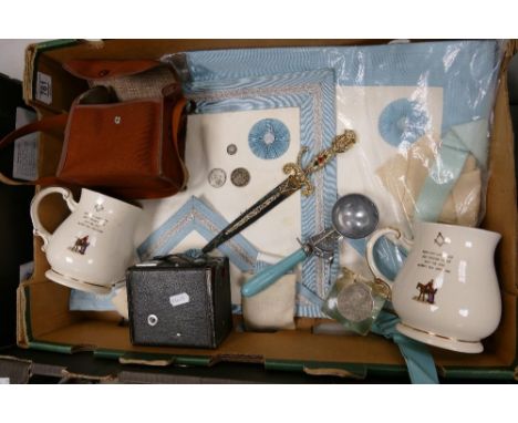 A mixed collection of items to include: Masonic items, Silver Topped Glass Ink Well, vintage camera etc 