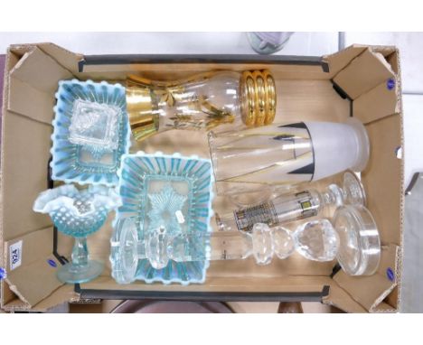 A collection of glass ware items to include: carnival glass, decorated jugs &amp; Large crystal candlestick 