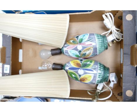 Pair Mid Century Tilgmans Hand Decorated Studio Pottery Lamp Bases with original shade: height to fitting 24cm 