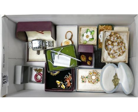 A collection of ladies costume jewellery: including brooches, Timex quartz watch, Pottery brooches etc 